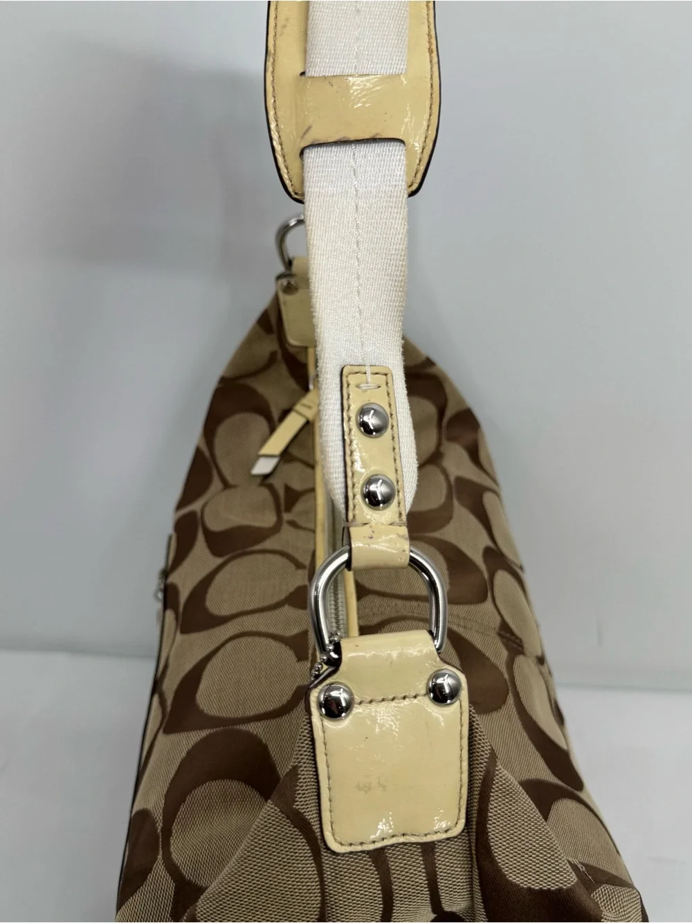 Coach Brown Beige Signature Carly Hobo Shoulder Bag Silver Hardware F14870